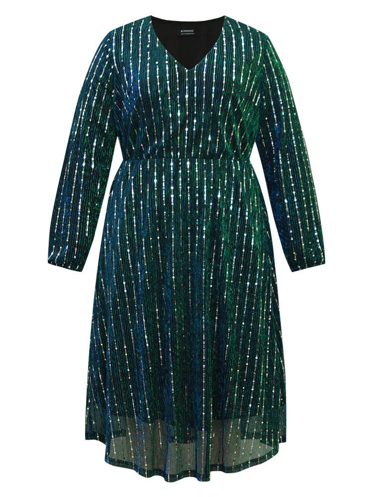 Sequin Mesh V Neck Elastic Waist Dress - Image 8