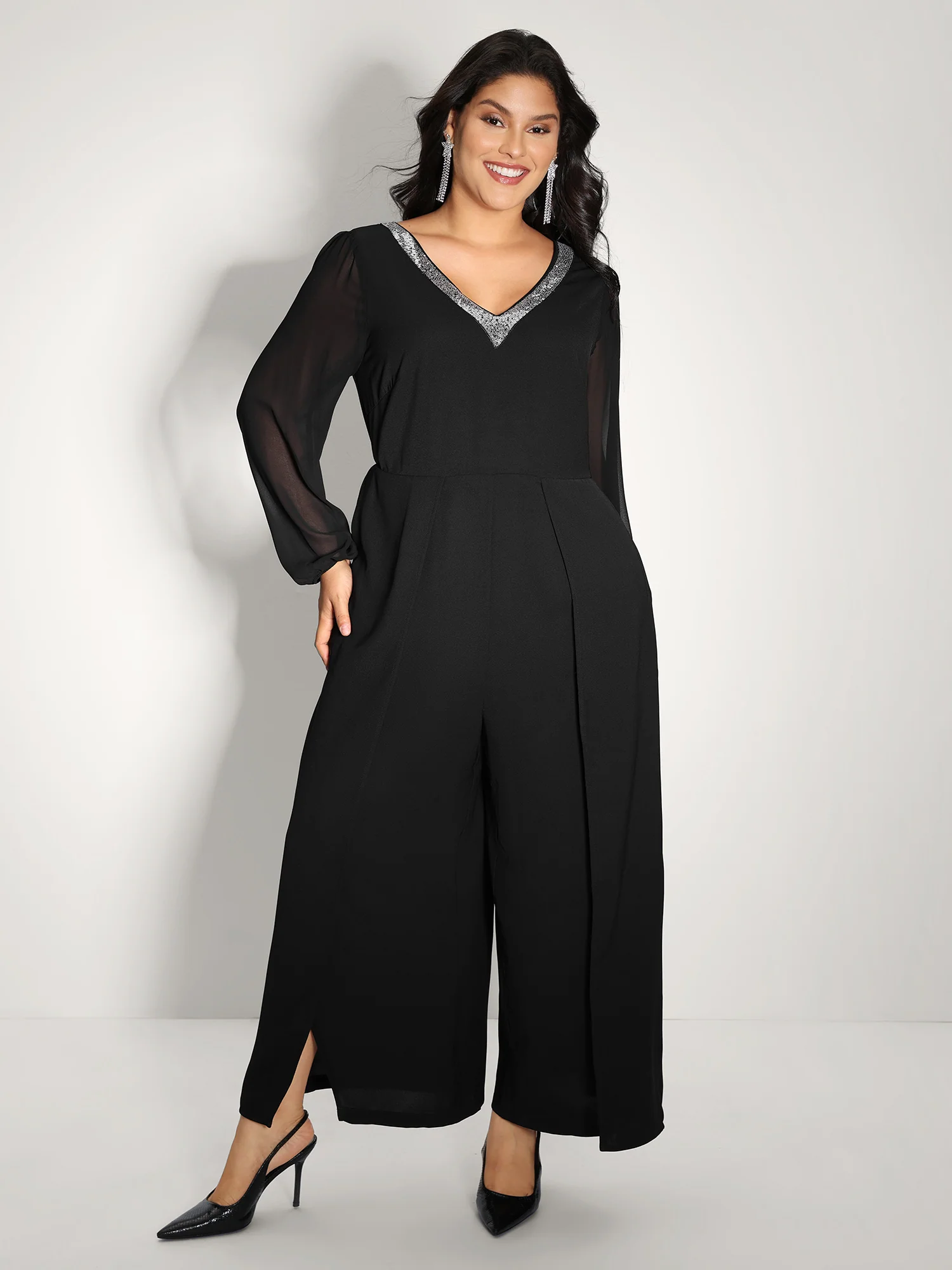 Sequin Neckline Petal Flowy Hem Jumpsuit - Image 3