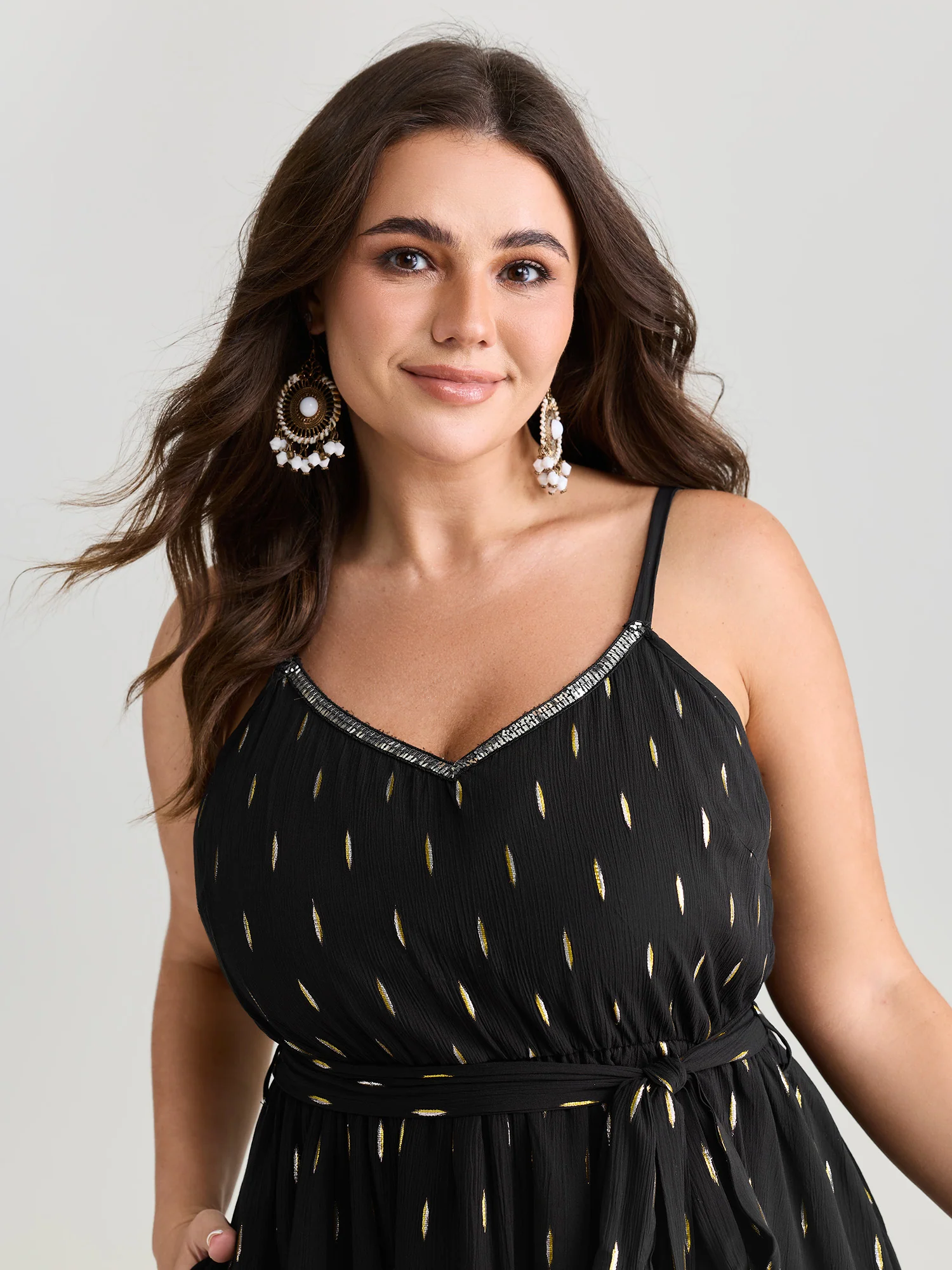 Sequin Neckline Textured Waist-Tie Mini Dress - Image 2