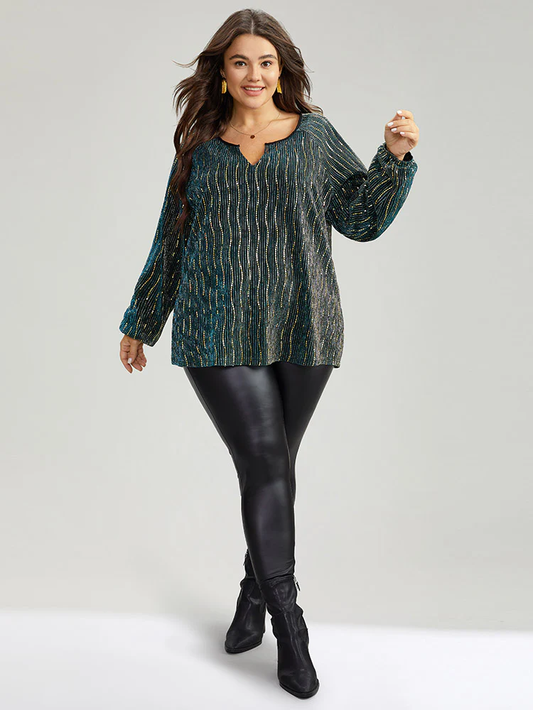 Sequin Notched Lantern Sleeve Blouse - Image 2