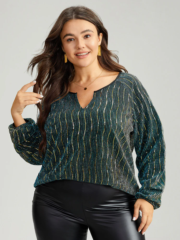 Sequin Notched Lantern Sleeve Blouse - Image 3
