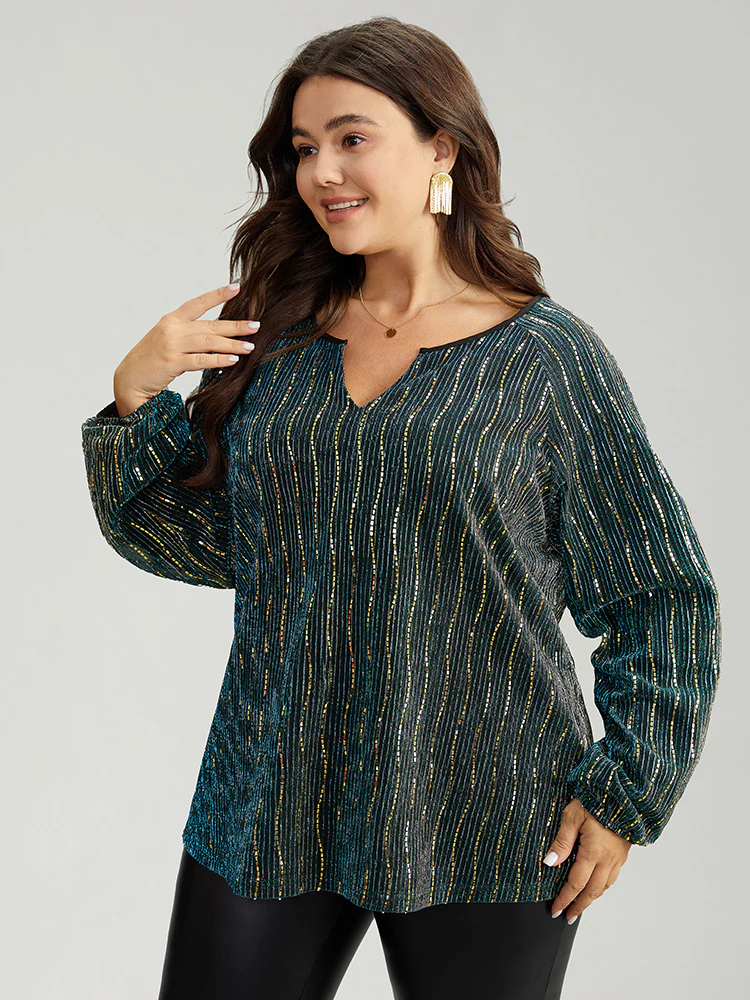 Sequin Notched Lantern Sleeve Blouse - Image 4