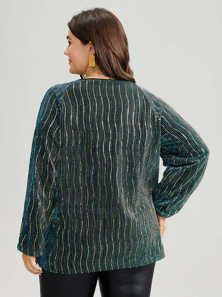 Sequin Notched Lantern Sleeve Blouse - Image 5