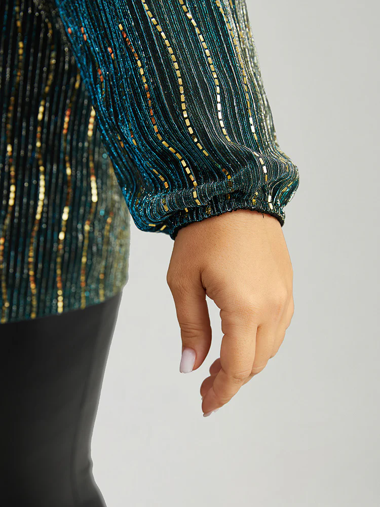 Sequin Notched Lantern Sleeve Blouse - Image 6