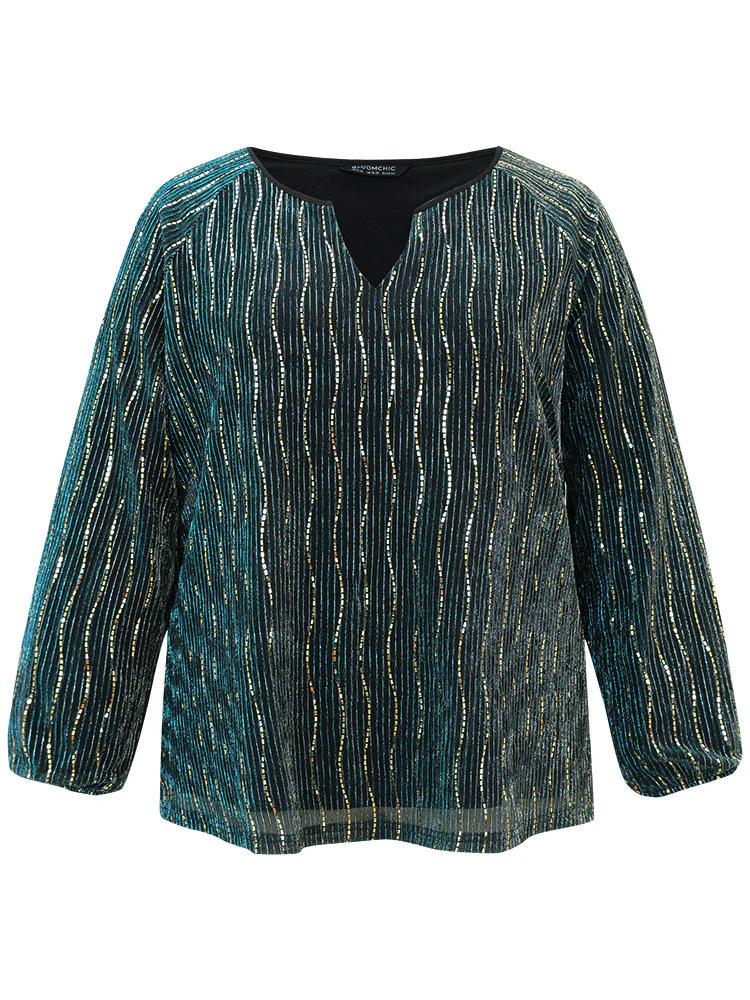 Sequin Notched Lantern Sleeve Blouse - Image 8
