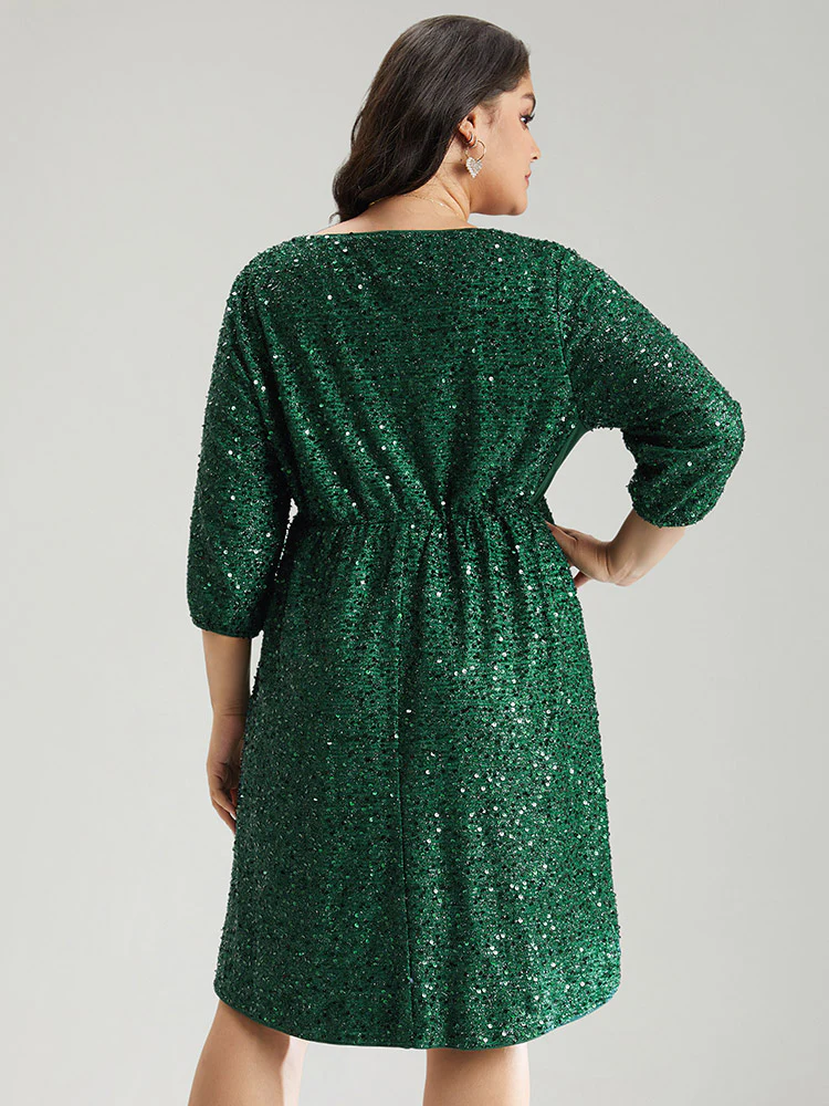 Sequin Overlap Collar Elastic Waist Knee Dress - Image 2