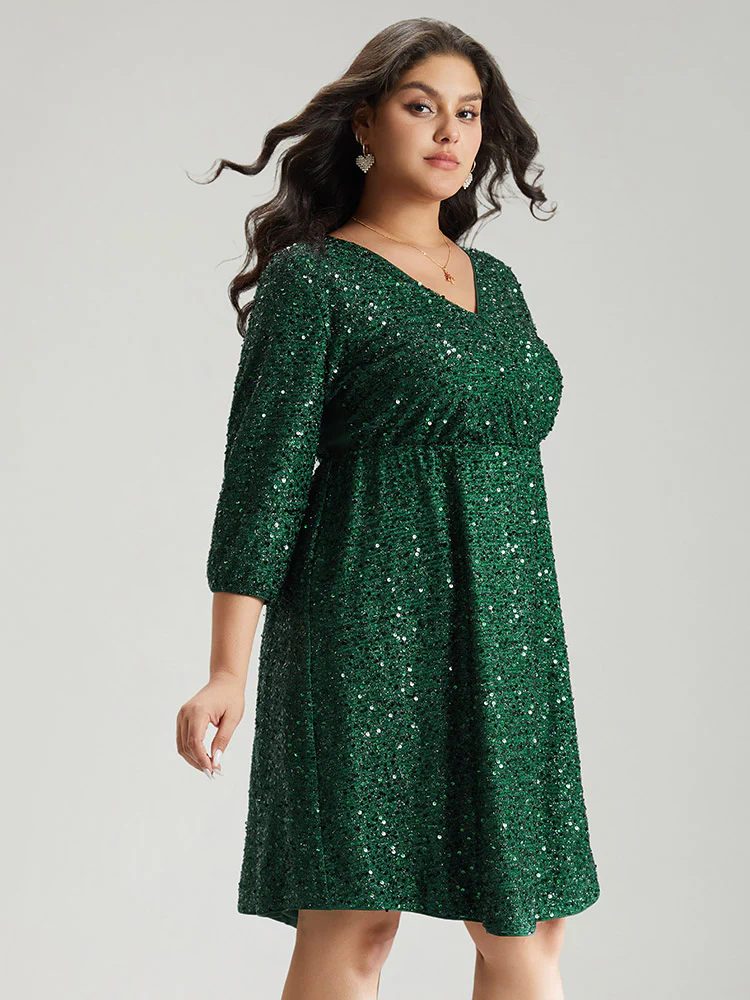 Sequin Overlap Collar Elastic Waist Knee Dress - Image 3