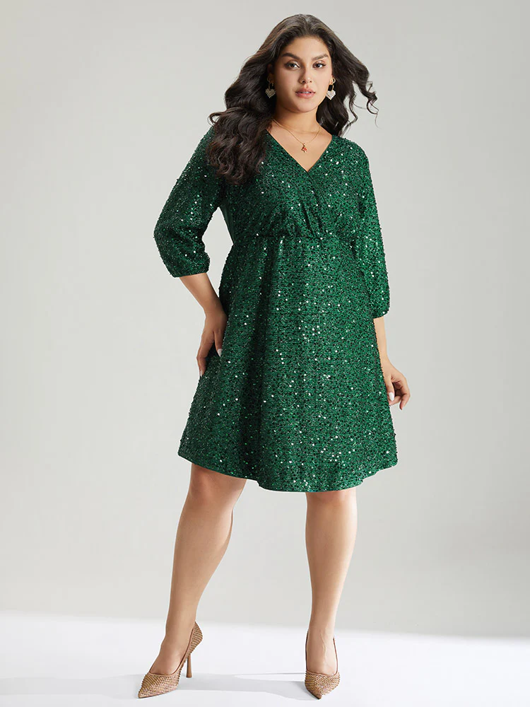 Sequin Overlap Collar Elastic Waist Knee Dress - Image 4