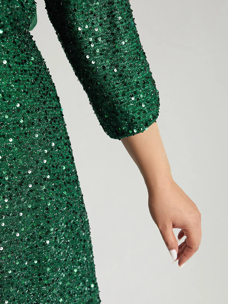 Sequin Overlap Collar Elastic Waist Knee Dress - Image 6