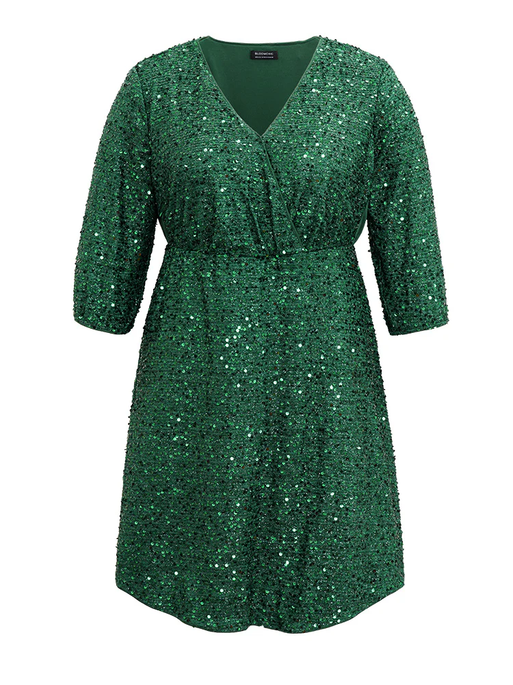 Sequin Overlap Collar Elastic Waist Knee Dress - Image 8