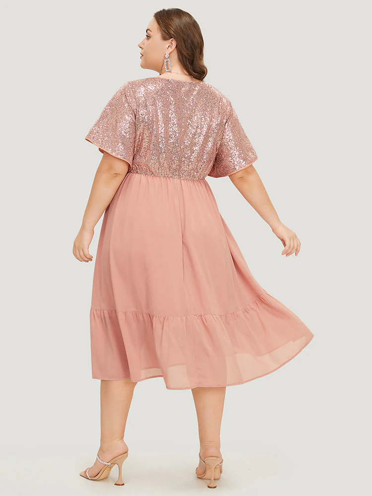 Sequin Patchwork Belted Flutter Hem Midi Dress - Image 2