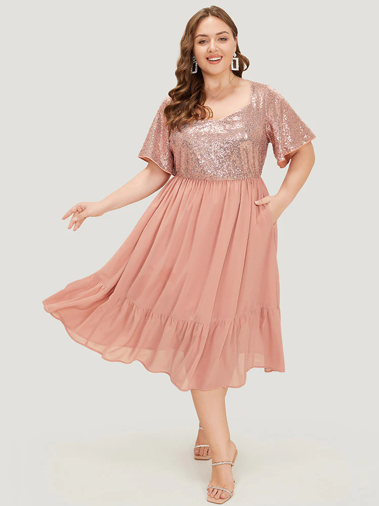 Sequin Patchwork Belted Flutter Hem Midi Dress - Image 3