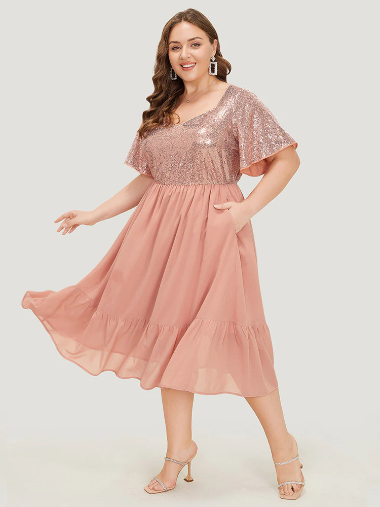 Sequin Patchwork Belted Flutter Hem Midi Dress - Image 4
