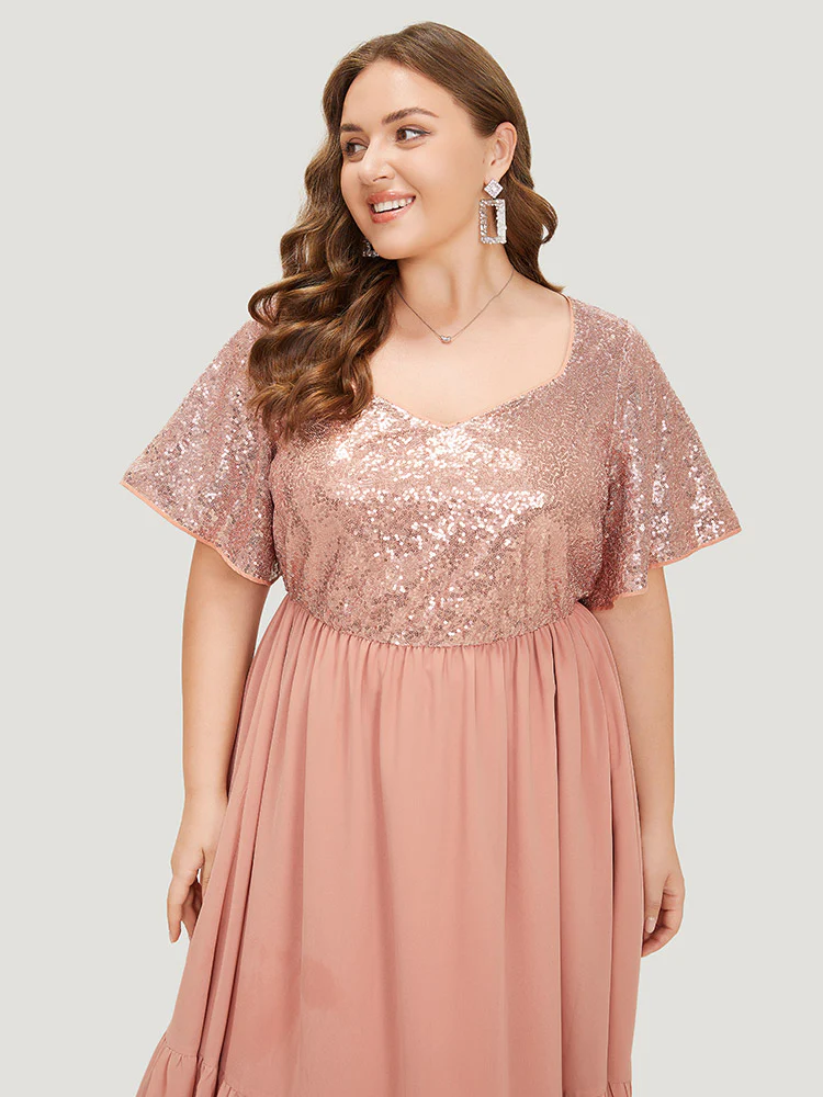 Sequin Patchwork Belted Flutter Hem Midi Dress - Image 5