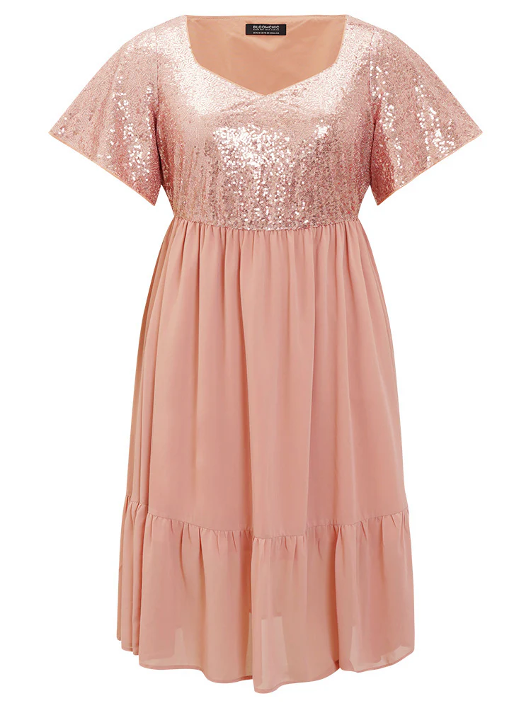 Sequin Patchwork Belted Flutter Hem Midi Dress - Image 8