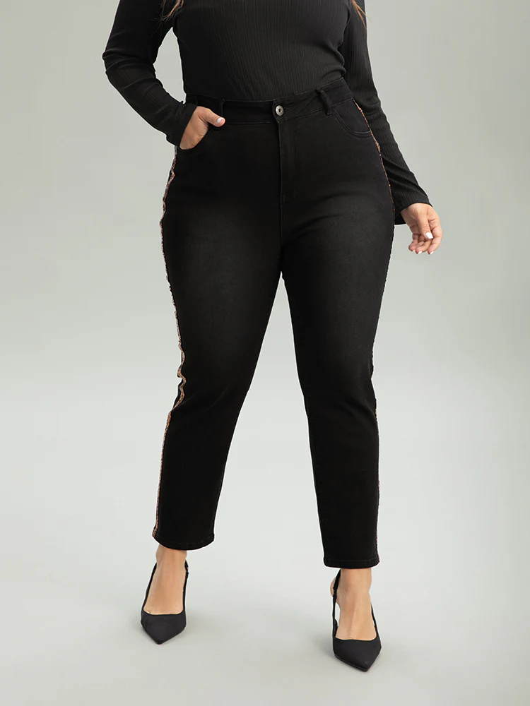 Sequin Patchwork Black Wash Straight Leg Jeans - Image 3