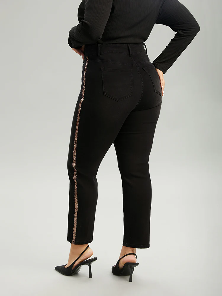 Sequin Patchwork Black Wash Straight Leg Jeans - Image 5