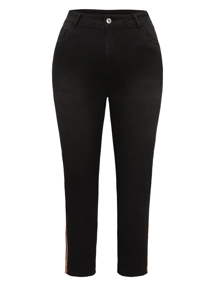 Sequin Patchwork Black Wash Straight Leg Jeans - Image 7