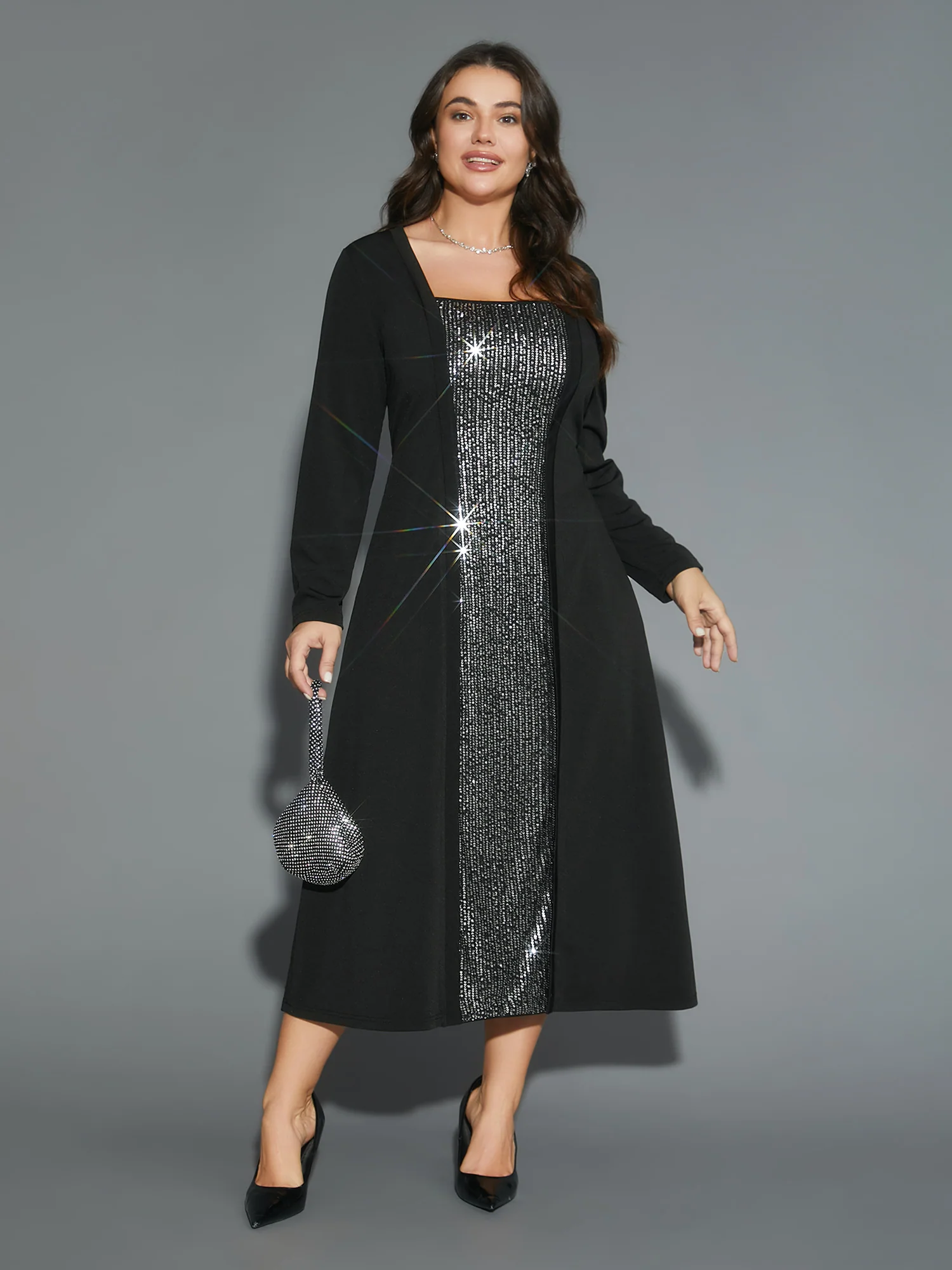Sequin Patchwork Elastic Waist Midi Dress - Image 3