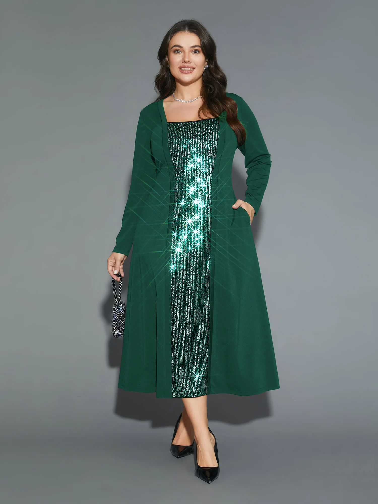 Sequin Patchwork Elastic Waist Midi Dress - Image 8