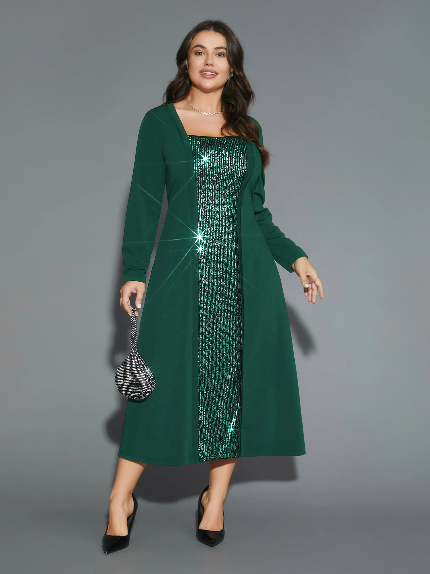Sequin Patchwork Elastic Waist Midi Dress - Image 9