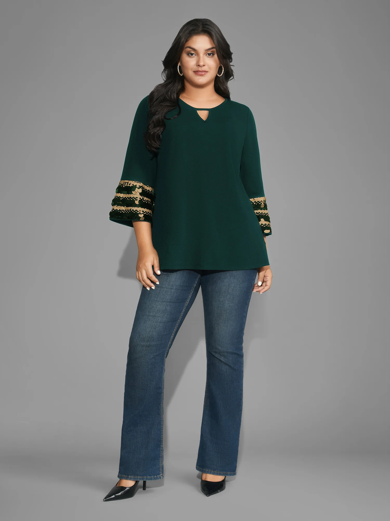 Sequin Patchwork Keyhole Bell Sleeve Blouse - Image 10