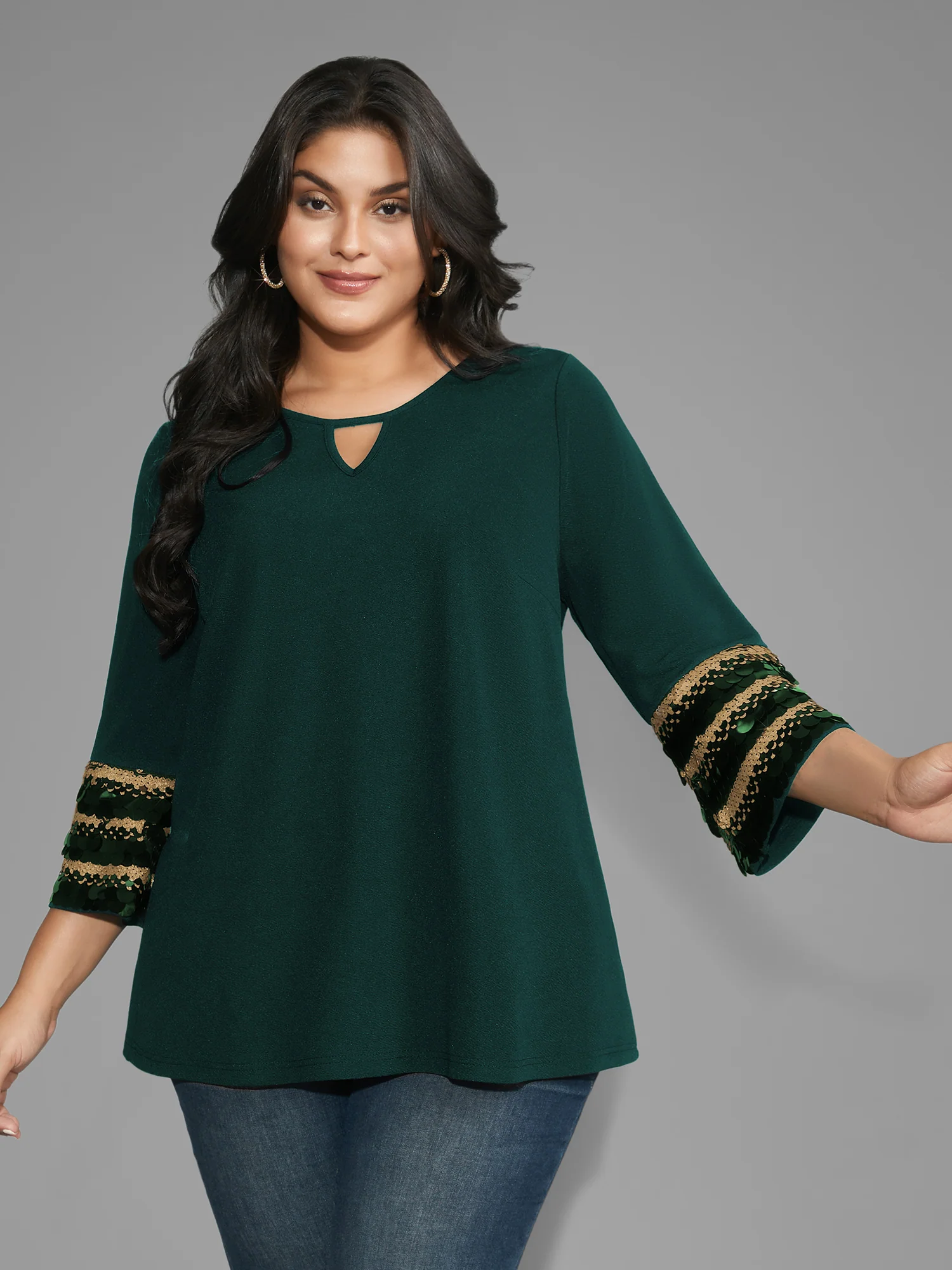 Sequin Patchwork Keyhole Bell Sleeve Blouse - Image 11