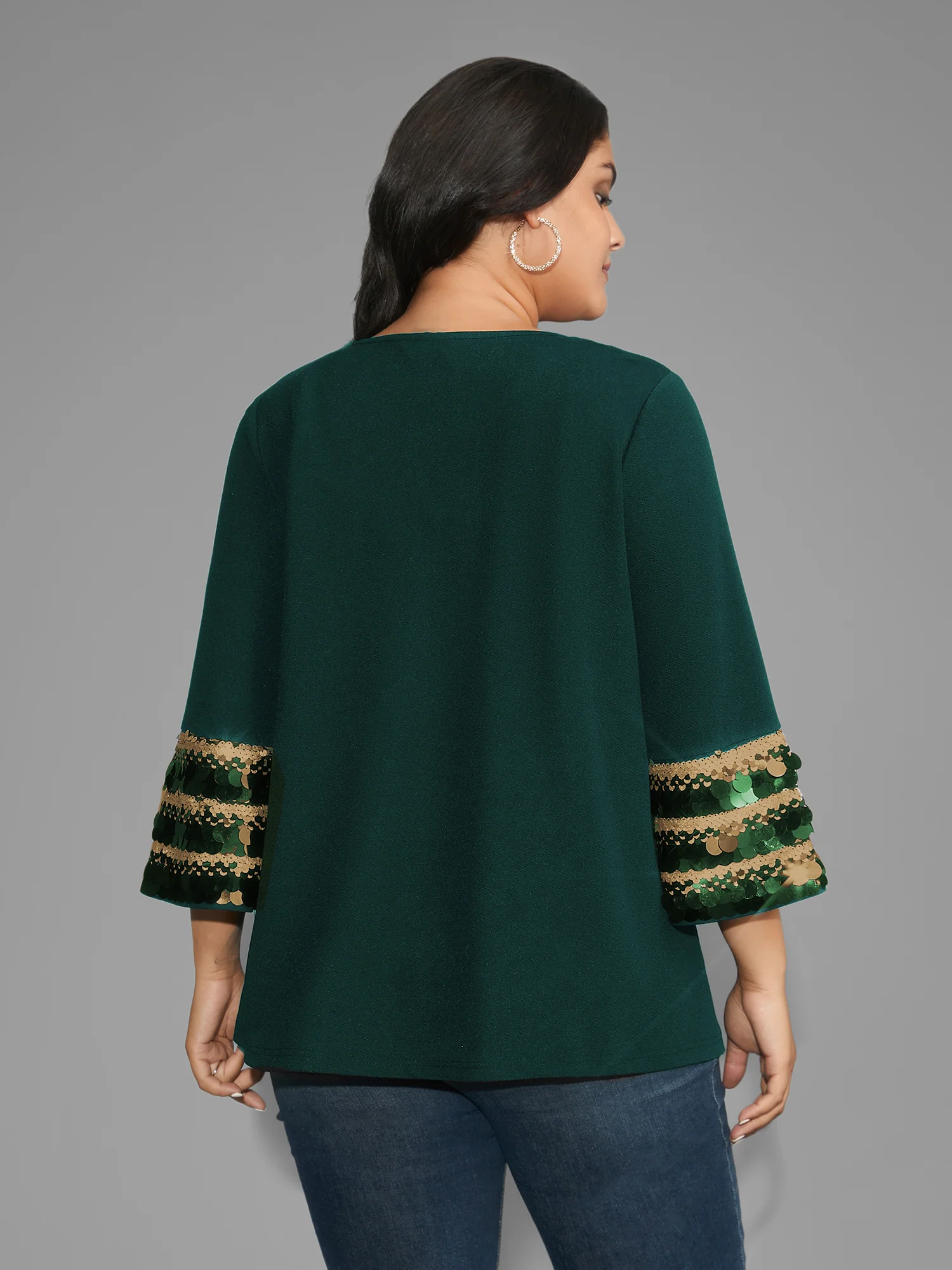 Sequin Patchwork Keyhole Bell Sleeve Blouse - Image 12
