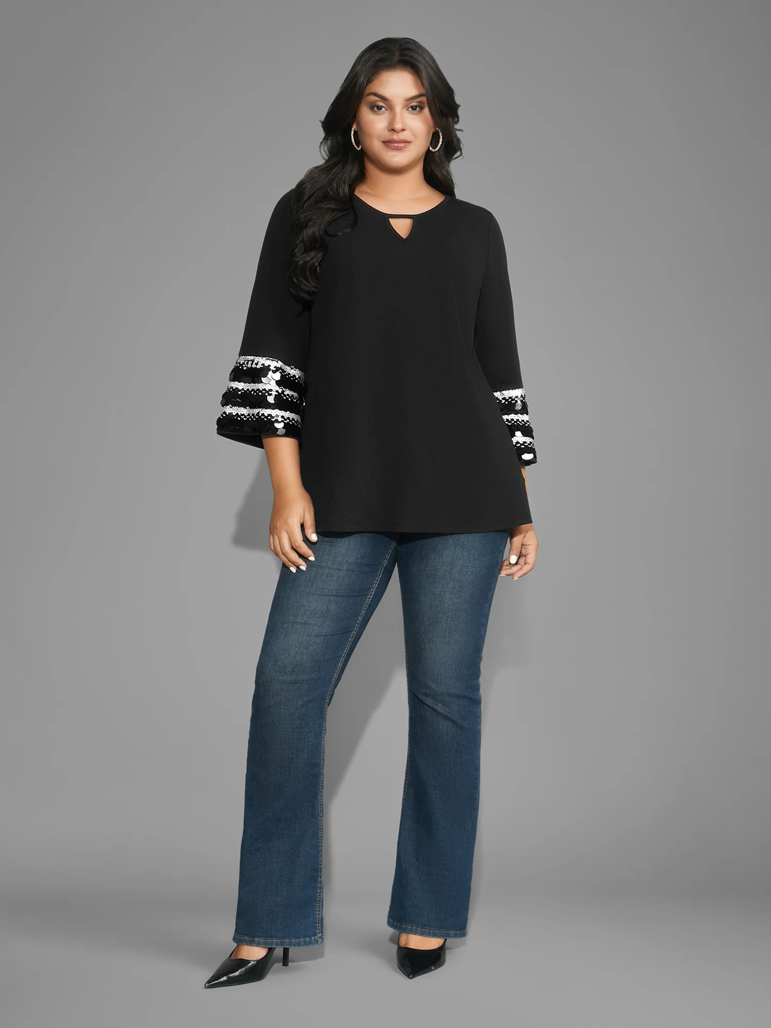 Sequin Patchwork Keyhole Bell Sleeve Blouse - Image 2