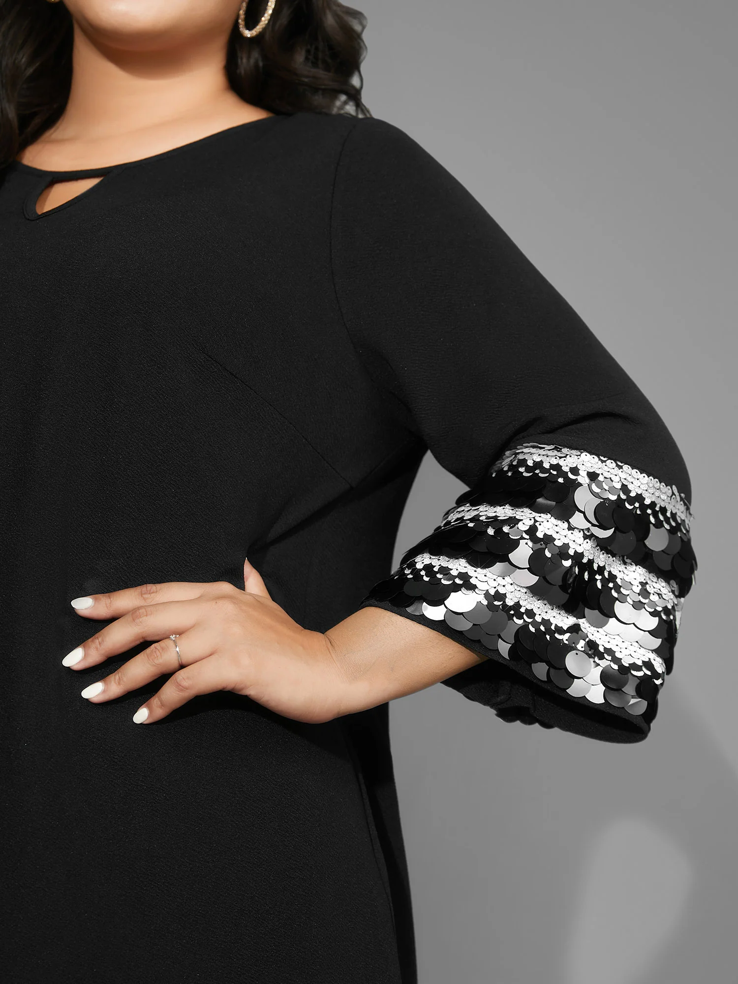 Sequin Patchwork Keyhole Bell Sleeve Blouse - Image 3