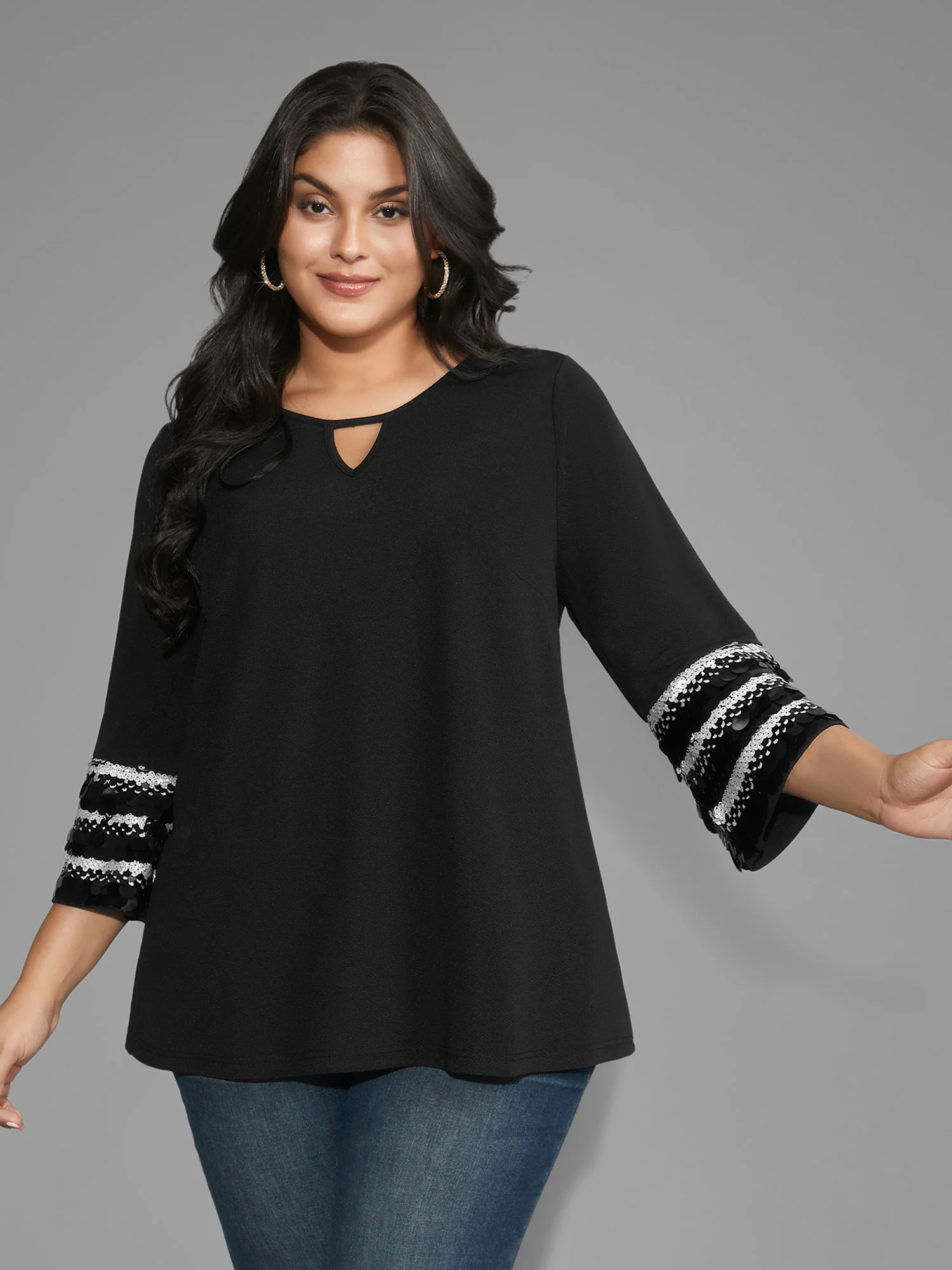 Sequin Patchwork Keyhole Bell Sleeve Blouse - Image 4