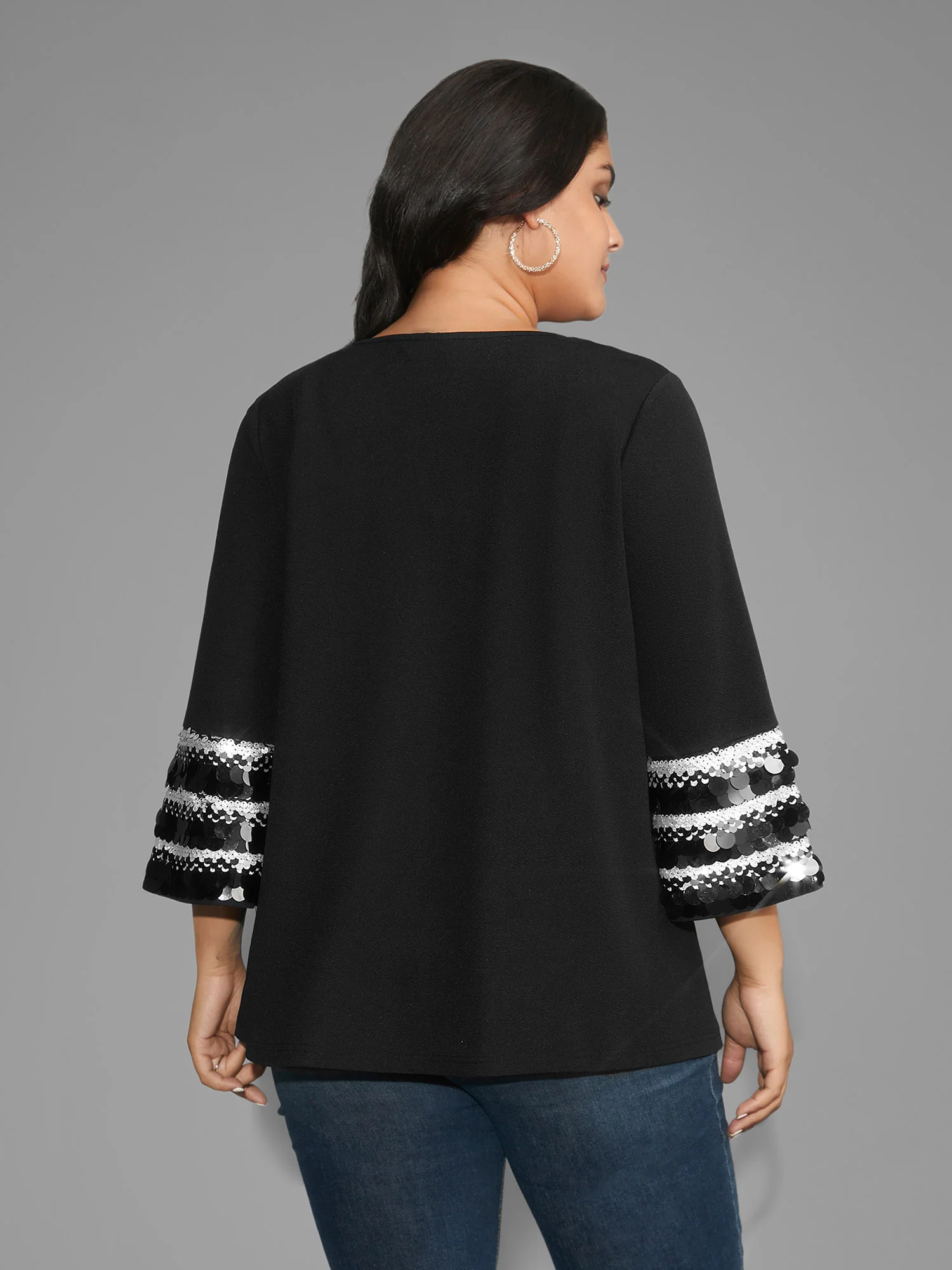 Sequin Patchwork Keyhole Bell Sleeve Blouse - Image 5