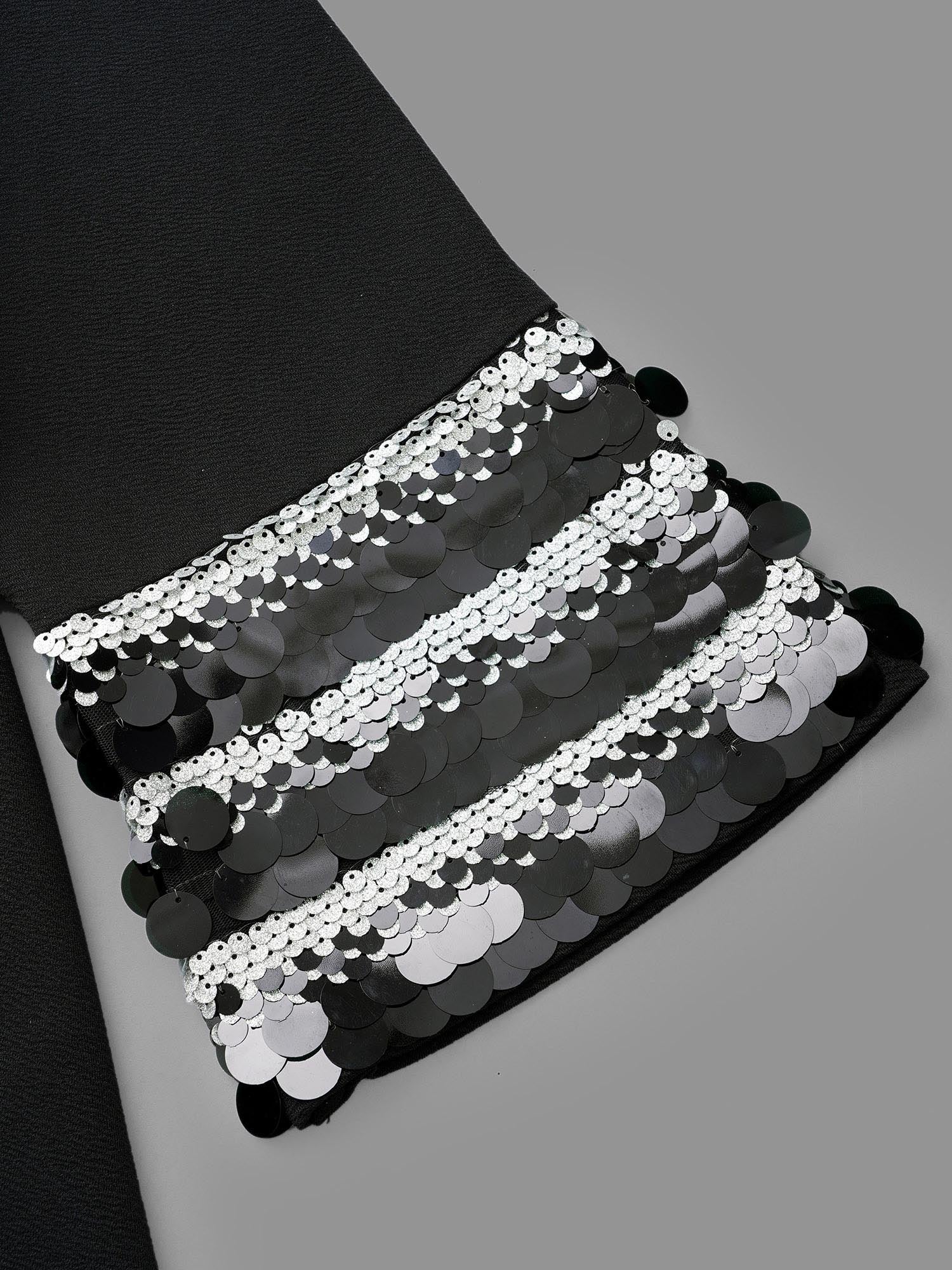 Sequin Patchwork Keyhole Bell Sleeve Blouse - Image 6
