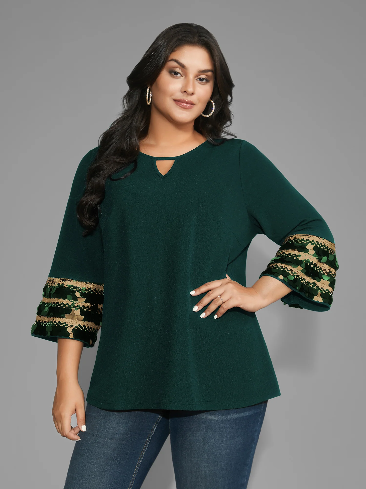 Sequin Patchwork Keyhole Bell Sleeve Blouse - Image 9