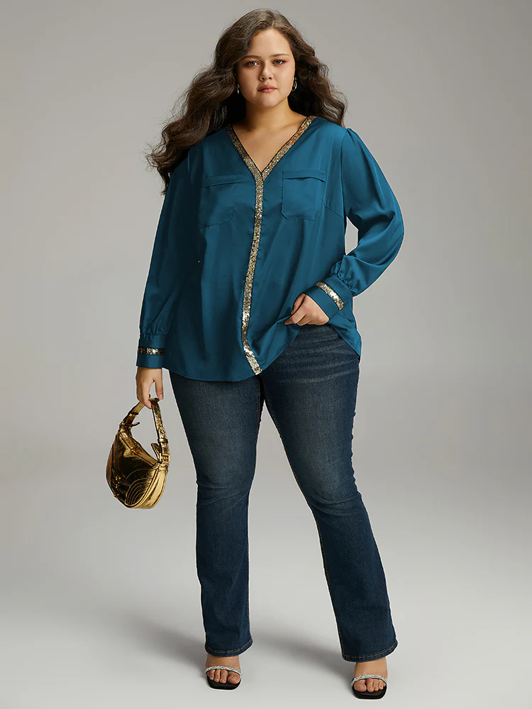 Sequin Patchwork V Neck Blouse - Image 2