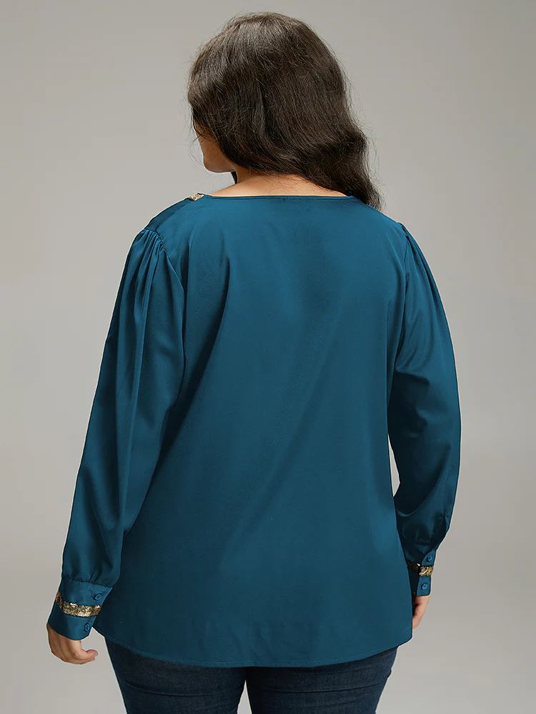 Sequin Patchwork V Neck Blouse - Image 3