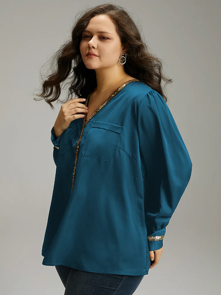 Sequin Patchwork V Neck Blouse - Image 4