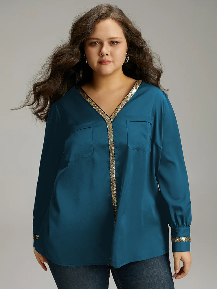Sequin Patchwork V Neck Blouse - Image 5