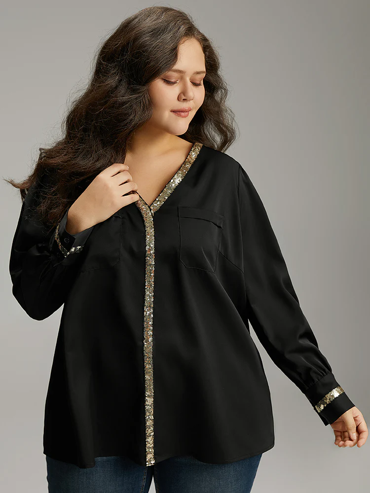 Sequin Patchwork V Neck Blouse - Image 6