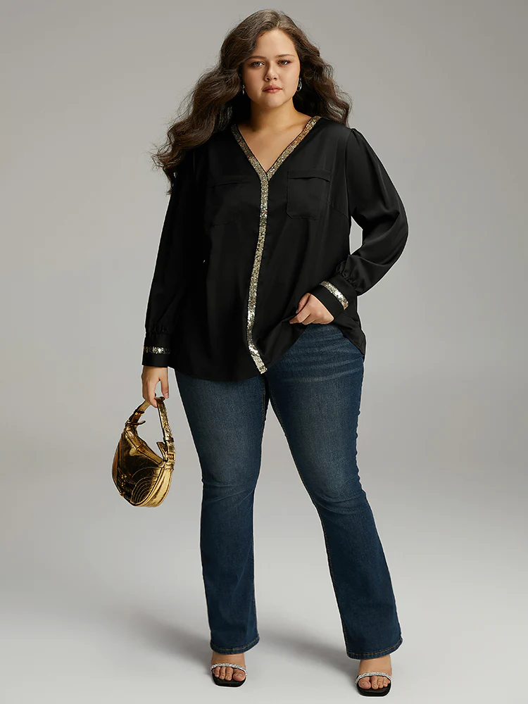 Sequin Patchwork V Neck Blouse - Image 7