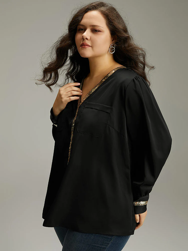 Sequin Patchwork V Neck Blouse - Image 9