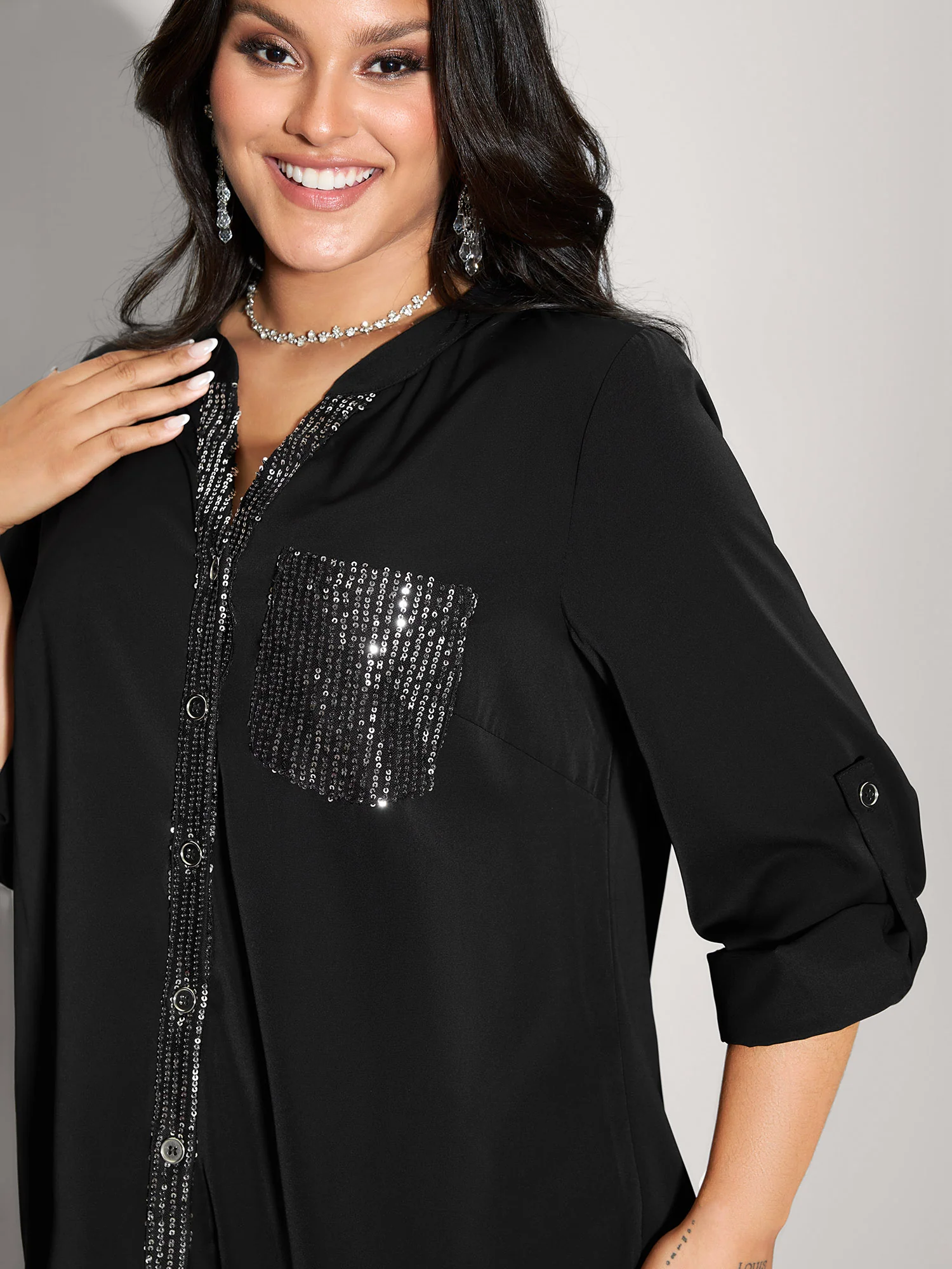 Sequin Pocket Spliced Button Shirt - Image 2
