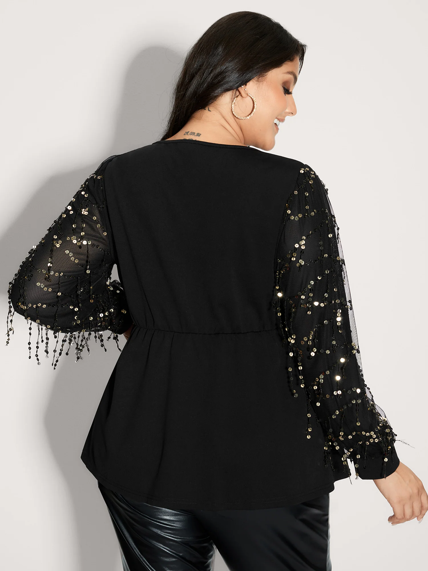 Sequin Sleeve Cut-Out Neck Top - Image 5