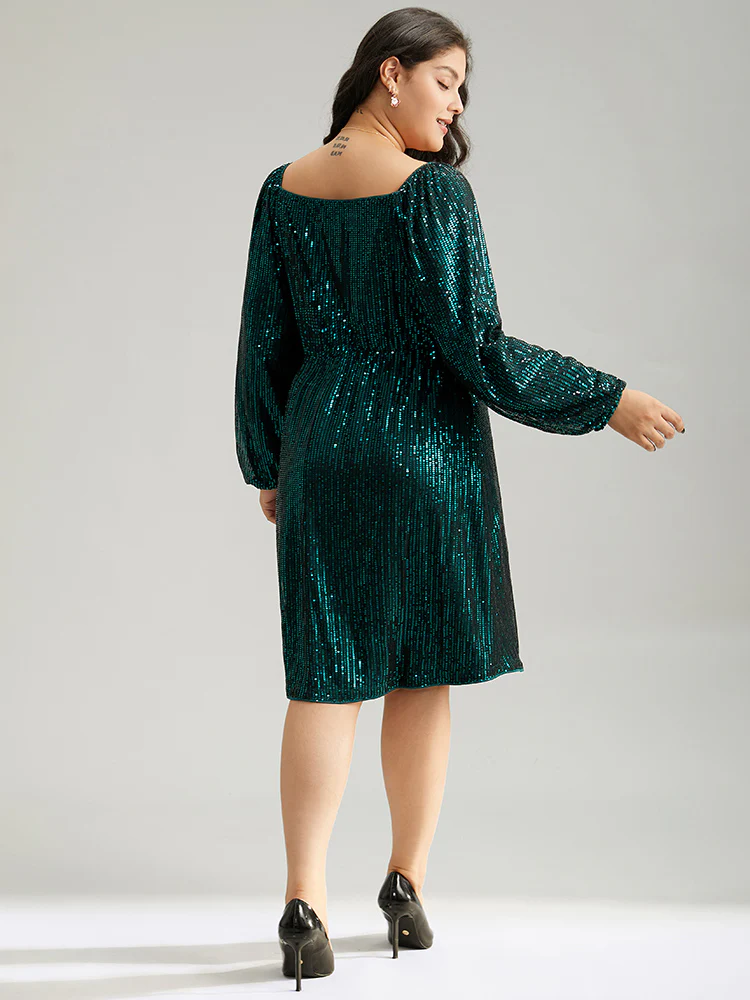 Sequin Square Neck Lantern Sleeve Knee Dress - Image 3