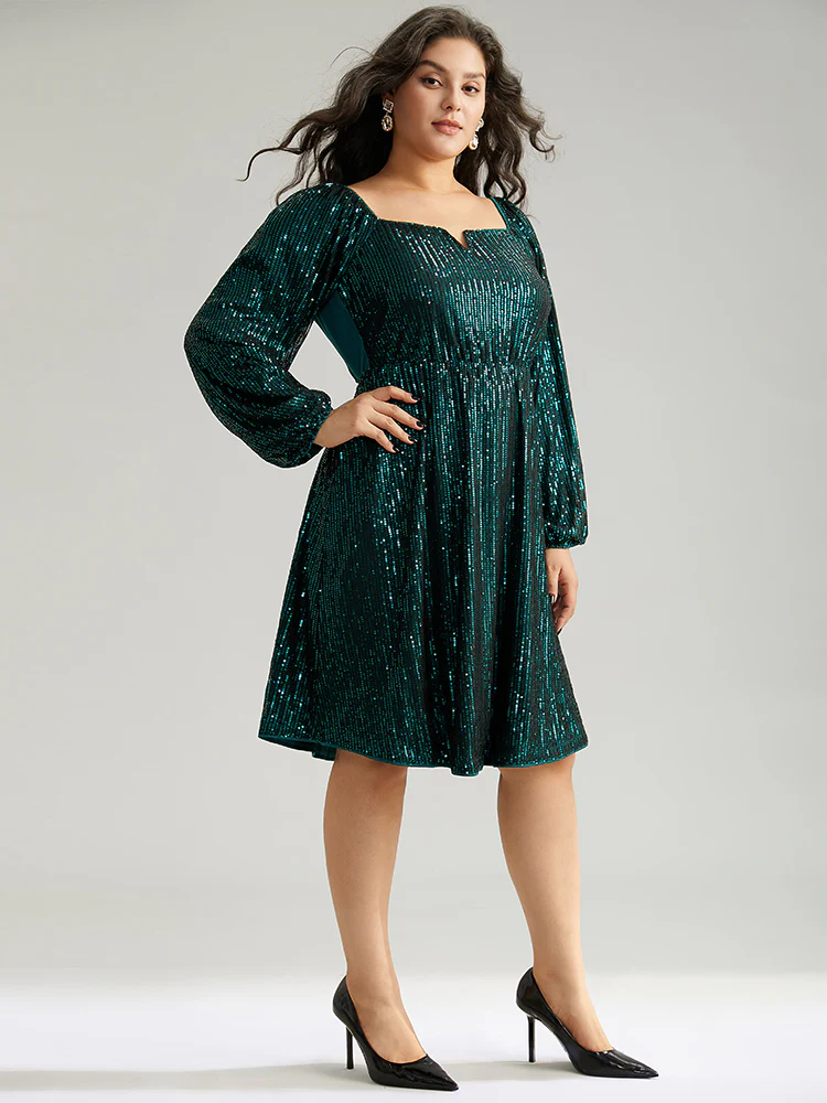 Sequin Square Neck Lantern Sleeve Knee Dress - Image 4