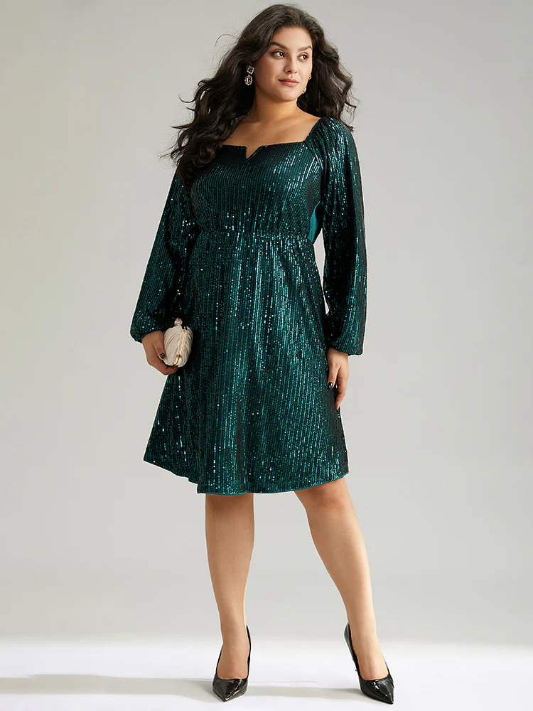 Sequin Square Neck Lantern Sleeve Knee Dress - Image 5