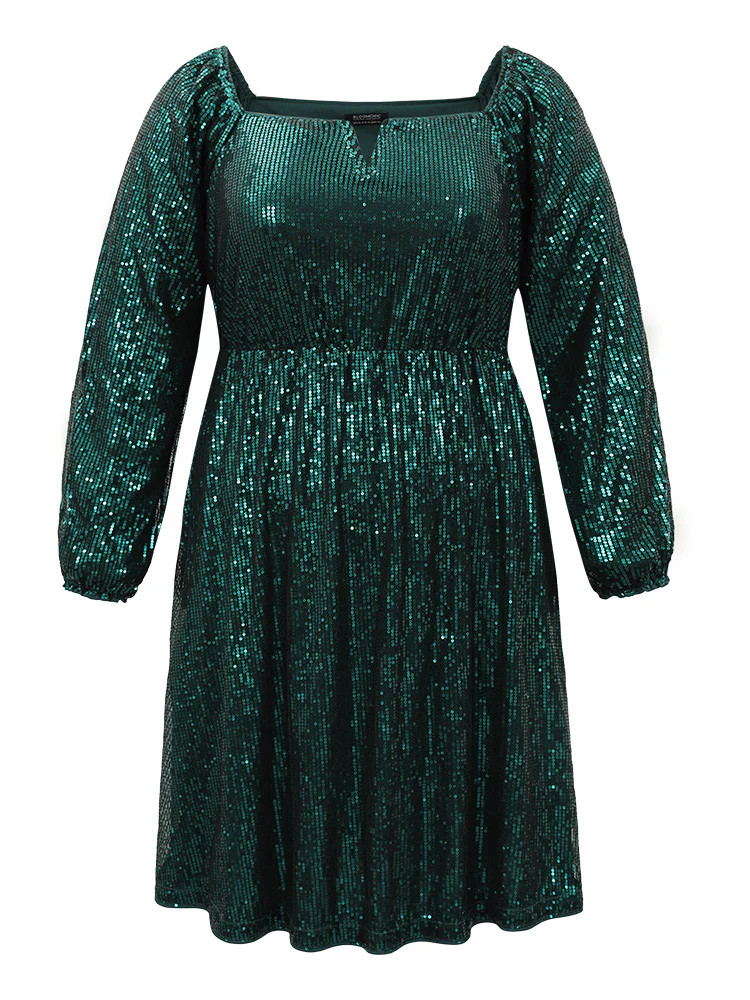 Sequin Square Neck Lantern Sleeve Knee Dress - Image 7