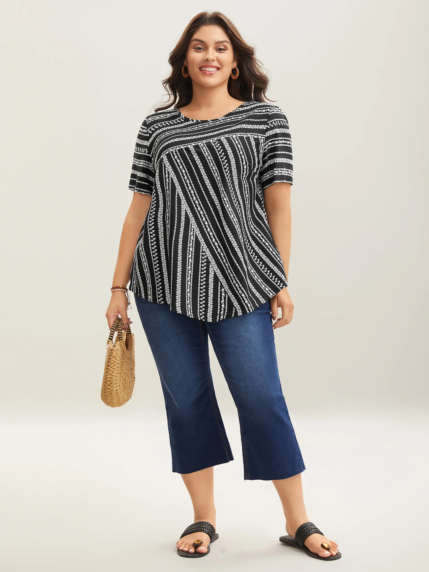 Striped Overlap Print Curvy Hem Blouse - Image 3