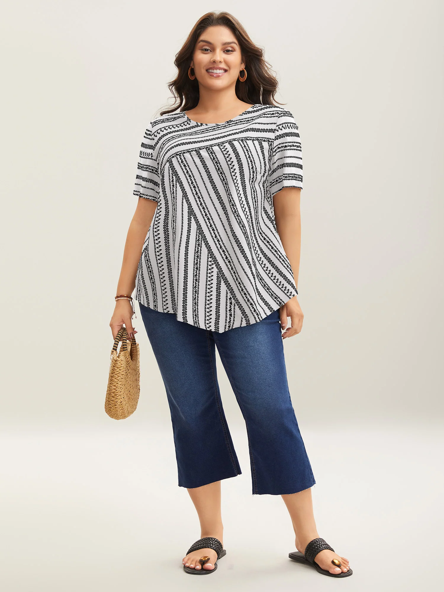 Striped Overlap Print Curvy Hem Blouse - Image 9