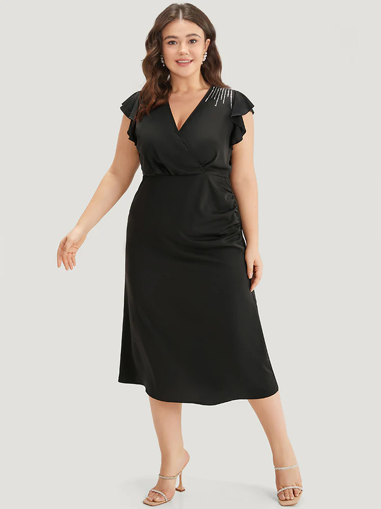 Sequin Surplice Neck Ruffle Trim Zipper Dress - Image 3